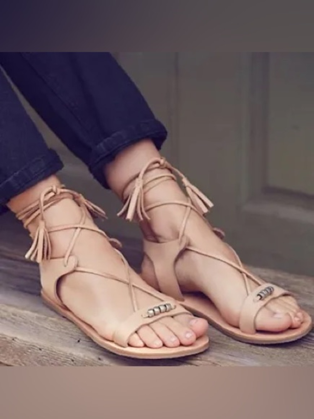 Free People Womens Bryn MARR Wrap Sandal Natural Tan Beaded